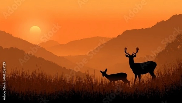 Fototapeta Silhouette of a deer family stands peacefully in tall grass during a warm sunset over rolling hills in a golden-hued wilderness landscape