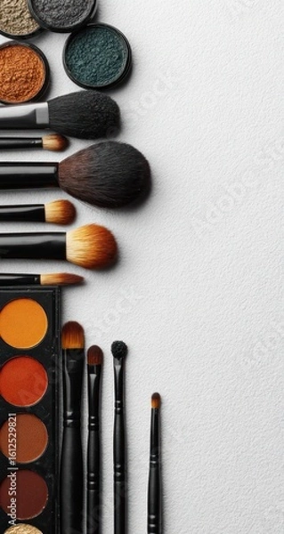 Fototapeta Makeup tools on white assorted eyeshadows and a range of brushes lie in a vertical line on the left of the frame, set against a textured white background