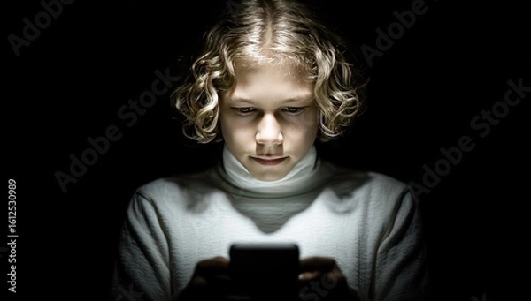 Fototapeta Young person looking at a smartphone in the dark, light from the screen illuminating their face. They are wearing a white turtleneck sweater