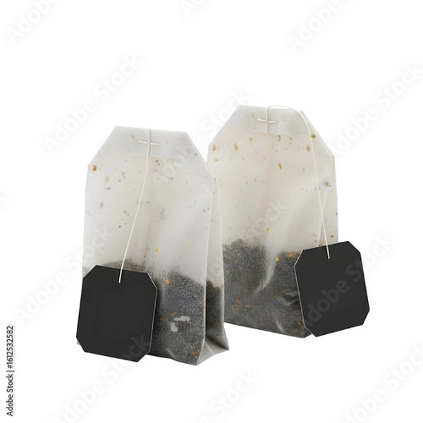 Fototapeta Two Used Tea Bags with Stained Paper and Black Tags – Isolated on White or Transparent Background