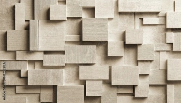 Fototapeta Abstract texture. Irregular wood blocks, in varying sizes and depths, create a modern, dimensional pattern. Neutral tones highlight the geometric shapes and subtle shadows