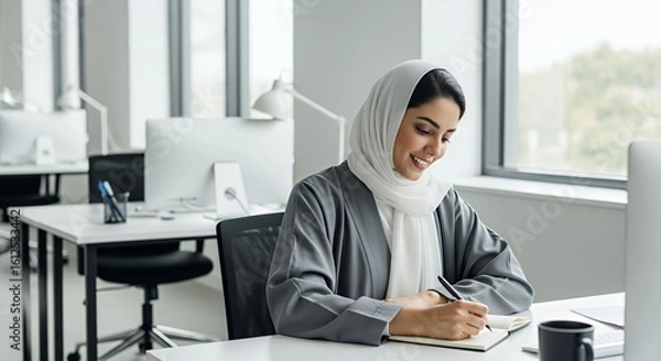 Fototapeta A focused Muslim woman in a hijab diligently works at her desk in a modern , writing in a notebook.