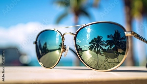 Fototapeta Stylish sunglasses reflect a tropical beach scene with palm trees and blue sky