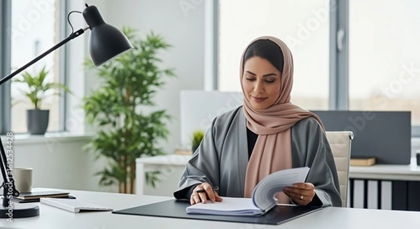 Fototapeta A Muslim businesswoman in a hijab thoughtfully reviews documents at her desk in a modern , showcasing professionalism and cultural diversity in the workplace.