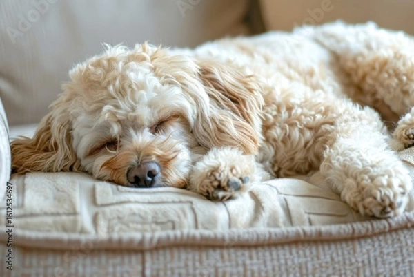 Fototapeta Elderly dog resting in spacious bed, showing pet care, responsibility, and the bond between owner and animal.