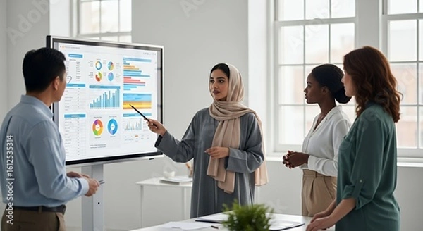 Fototapeta A diverse team collaborates on a project, reviewing data displayed on a large screen during a productive meeting.
