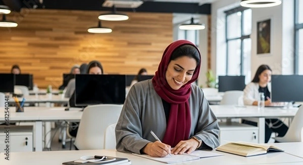 Fototapeta A young woman in a hijab works diligently at her desk in a modern, open-plan , surrounded by colleagues.