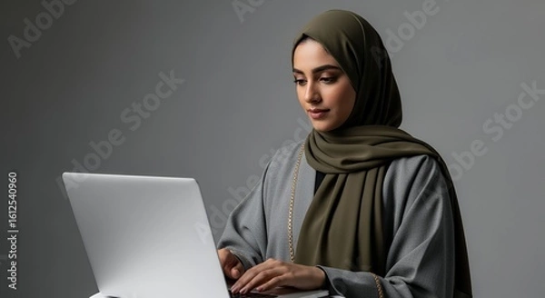 Fototapeta A woman in a hijab uses a laptop computer, working from home or in a quiet setting.