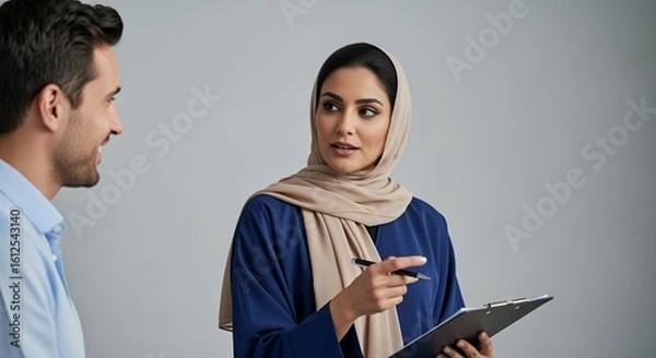 Fototapeta A woman in a hijab listens attentively as a man explains something to her during a business meeting.