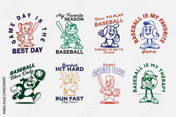 Fototapeta Baseball quote and mascot cartoon character vector design bundle. Can be used as t shirt, poster, sticker, or print design