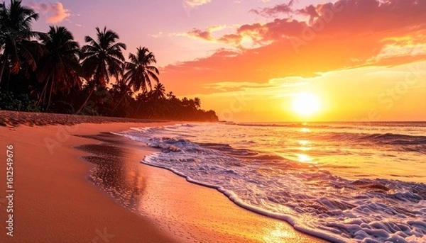 Fototapeta Vibrant tropical beach sunset with warm golden hues and gentle ocean waves lapping the shore