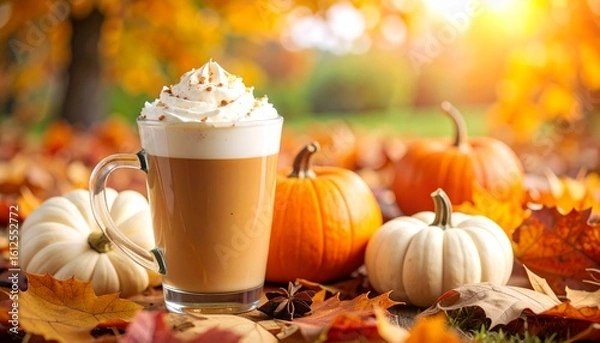 Fototapeta Pumpkin spice latte nestled amongst autumn leaves and pumpkins on a crisp fall day.