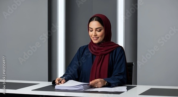 Obraz A focused businesswoman in a burgundy hijab meticulously reviews important documents at her desk, showcasing professionalism and dedication.