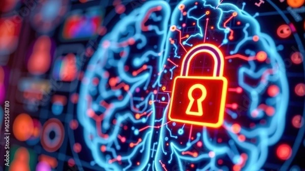 Fototapeta Image illustrates digital brain with padlock symbol, representing concept of cybersecurity healthcare and medical devices. This visual emphasizes