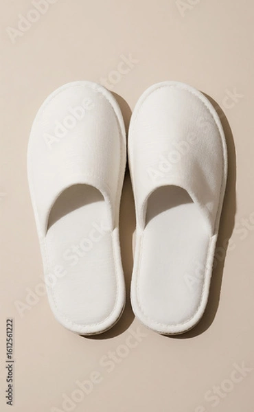 Fototapeta Comforting Hospitality: A Pristine Pair of White Cotton Spa Slippers, Presented on a Soft Beige Background with Gentle Shadows, Evoking Relaxation and Wellness