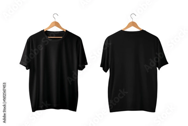Fototapeta Two views of a plain black short sleeved t shirt hanging on a wooden clothes hanger isolated on transparent background