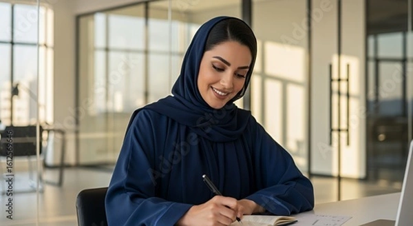 Fototapeta A smiling woman in a hijab thoughtfully writes in a notebook at her desk in a modern .