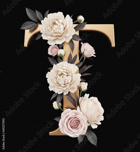 Fototapeta The letter T features a matte gold design.
Decorated with white and cream flowers, such as roses and peonies, trailing down the stem of the letter. This creates a feminine, elegant, and romantic feel.