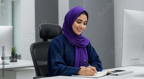 Fototapeta A focused young woman in a purple hijab sits at her desk, diligently working on a notebook in a modern setting.