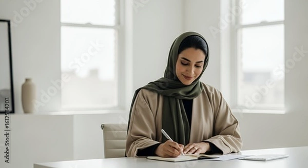 Fototapeta A woman in a hijab thoughtfully writes in a notebook at a desk near a window in a bright .