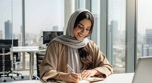 Fototapeta A Muslim woman in a hijab thoughtfully writes in a notebook at her modern desk, showcasing professionalism and focus.