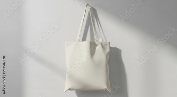 Fototapeta White Canvas Tote Bag Hanging on Wall with Shadow and Natural Light