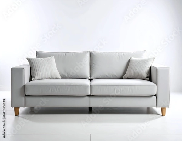 Fototapeta Understated elegance of a minimalist grey sofa with square arms and soft cushions, isolated on a white background.