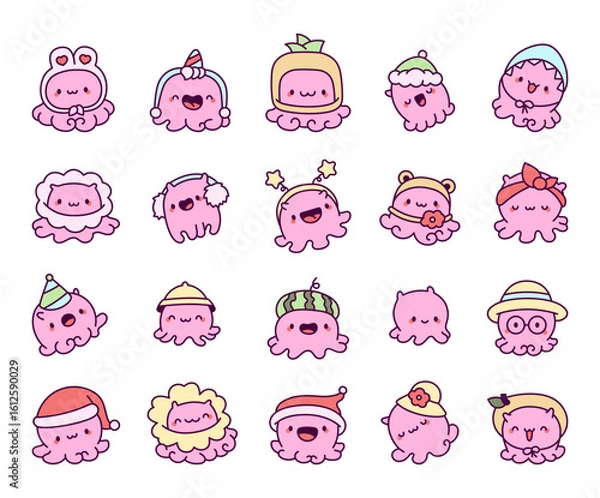 Fototapeta Dumbo octopus character set kawaii style smiling, featuring various funny costume outfits, hats, cute details and joyful underwater elements for creative cartoon projects