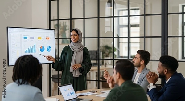 Fototapeta A woman in a hijab confidently presents data visualizations to a diverse team during a business meeting.