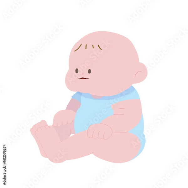 Fototapeta むちむちの赤ちゃんがお座りしている手描きのカラーデフォルメイラスト
