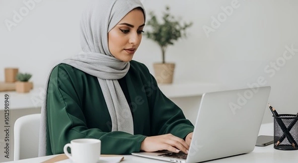 Obraz A woman wearing a hijab works diligently on her laptop, showcasing modern professionalism and cultural identity in a bright workspace.