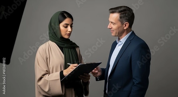 Fototapeta A businesswoman in a hijab and a man in a suit review documents together, demonstrating a collaborative business meeting.