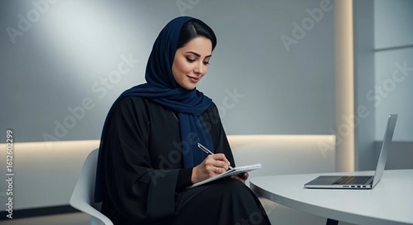 Fototapeta A woman in traditional Middle Eastern attire sits at a table, thoughtfully writing in a notebook, a laptop rests nearby.