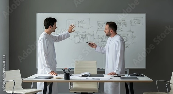 Obraz Two men in white robes collaborate on a whiteboard, brainstorming ideas and discussing a project plan.