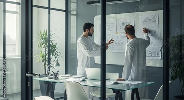 Obraz Two architects collaborate on a building design, reviewing blueprints and plans together at a glass-walled .