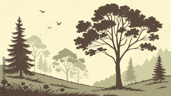 Fototapeta Silhouette of Trees and Hills in a Vintage Forest Landscape Illustration