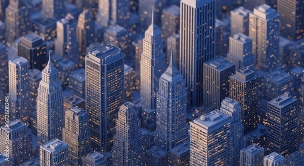 Obraz Aerial view of a dense cityscape at dusk with illuminated skyscrapers