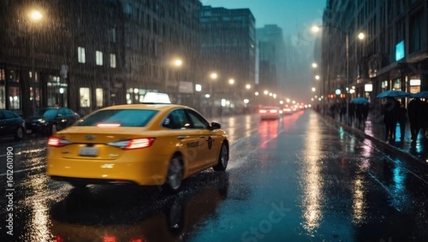 Fototapeta A yellow taxi navigates a rain-slicked city street, its presence adding a vibrant note to the urban scene, framed by high-rise buildings and the soft glow of streetlights.