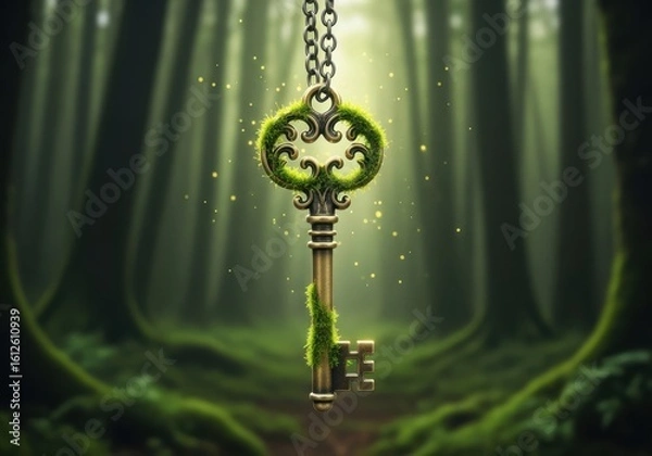 Obraz Magical ornate key hanging in a sunlit enchanted forest