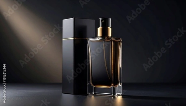 Fototapeta Elegant Perfume Bottle and Box on Dark Background