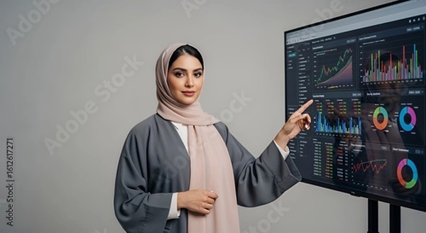 Fototapeta A confident businesswoman in traditional attire analyzes financial data displayed on a large screen, showcasing modern technology and cultural fusion in the workplace.