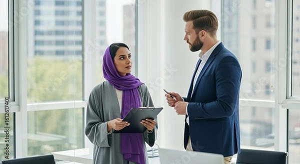 Fototapeta A businesswoman in a hijab and a male colleague discuss business matters over documents in a modern .