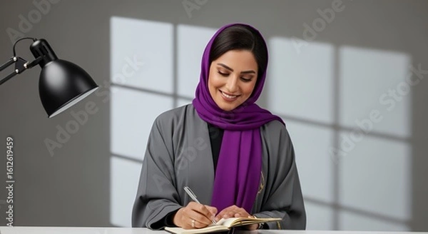 Fototapeta A woman in a hijab thoughtfully writes in a notebook, bathed in soft sunlight streaming through a window.