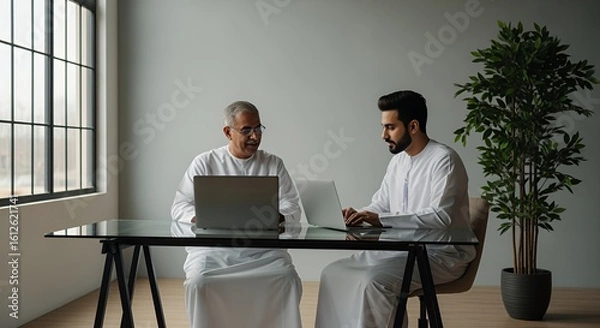 Obraz Two men in traditional Middle Eastern clothing collaborate on laptops in a modern, minimalist space.