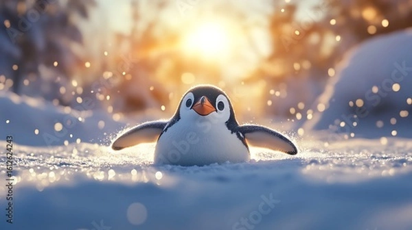 Fototapeta Penguin belly sliding through icy antarctic hillside high resolution picture