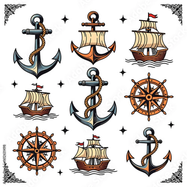 Obraz Nautical Elements in Brown and Navy