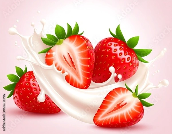 Fototapeta Three strawberries and a splash of cream