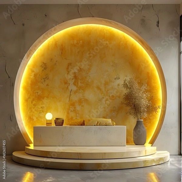 Fototapeta Elegant yellow round podium, Yellow circular podium for luxury product showcase, mockup, product mockup