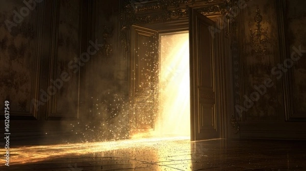 Fototapeta Golden Doorway to Enlightenment, Mystical Light and Dust Motes Illuminate Grand Room