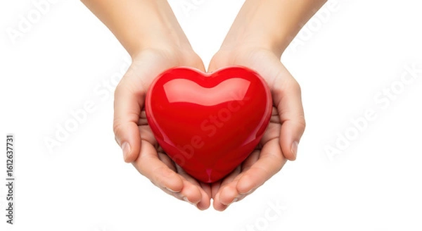 Obraz Two gentle human hands carefully cradling a shiny red heart symbol of love and care isolated on transparent background